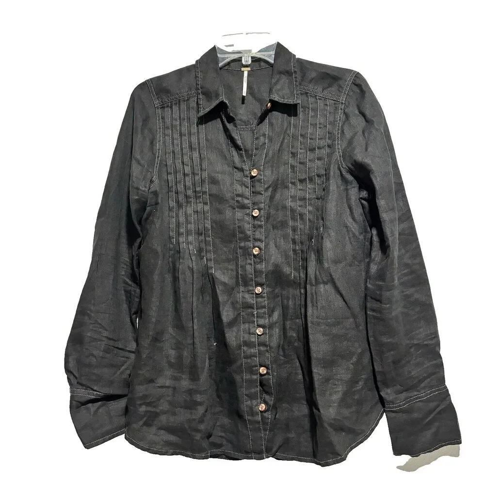 Free People Breezy Morning Relaxed Shirt S‎ Black Button Down Casual Boho Chic